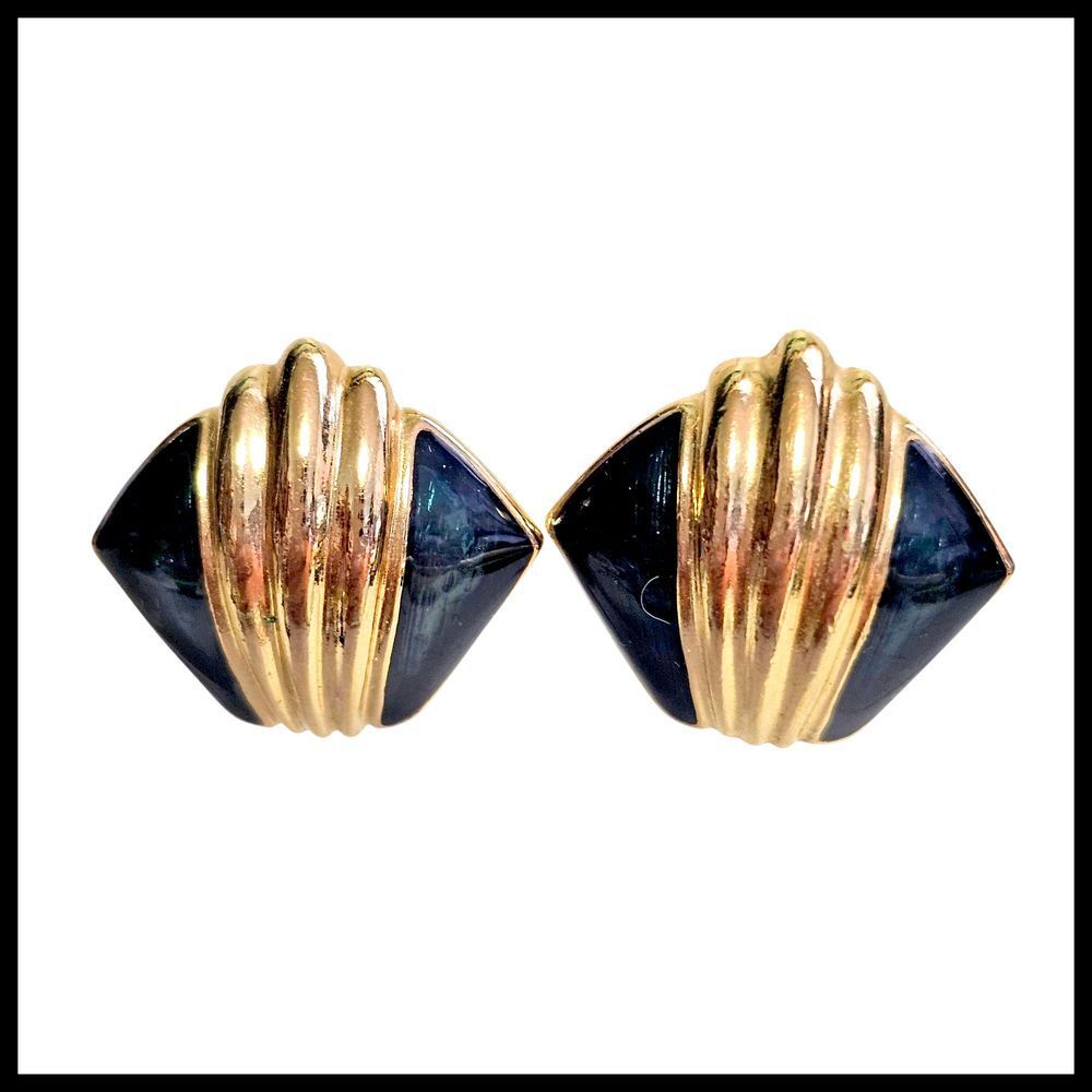 Avon Vintage‎ Navy Blue Gold Clip-On Earrings Art Deco Style Statement Geometric